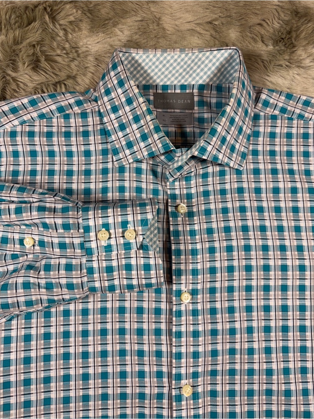 Thomas Dean Men’s Teal and White Plaid Button-Down Shirt - XL